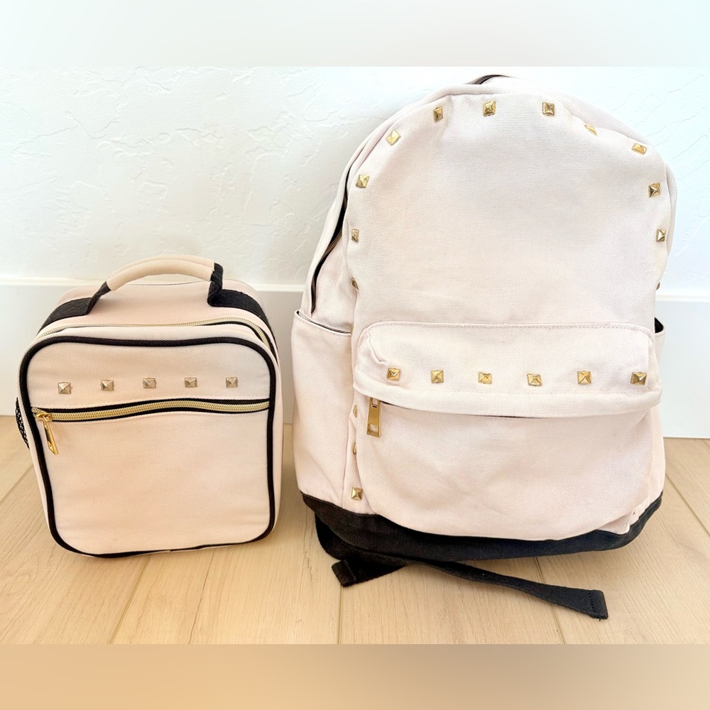 Pottery Barn Emily & Merritt pale blush pink gold studs Backpack Lunch Bag Set